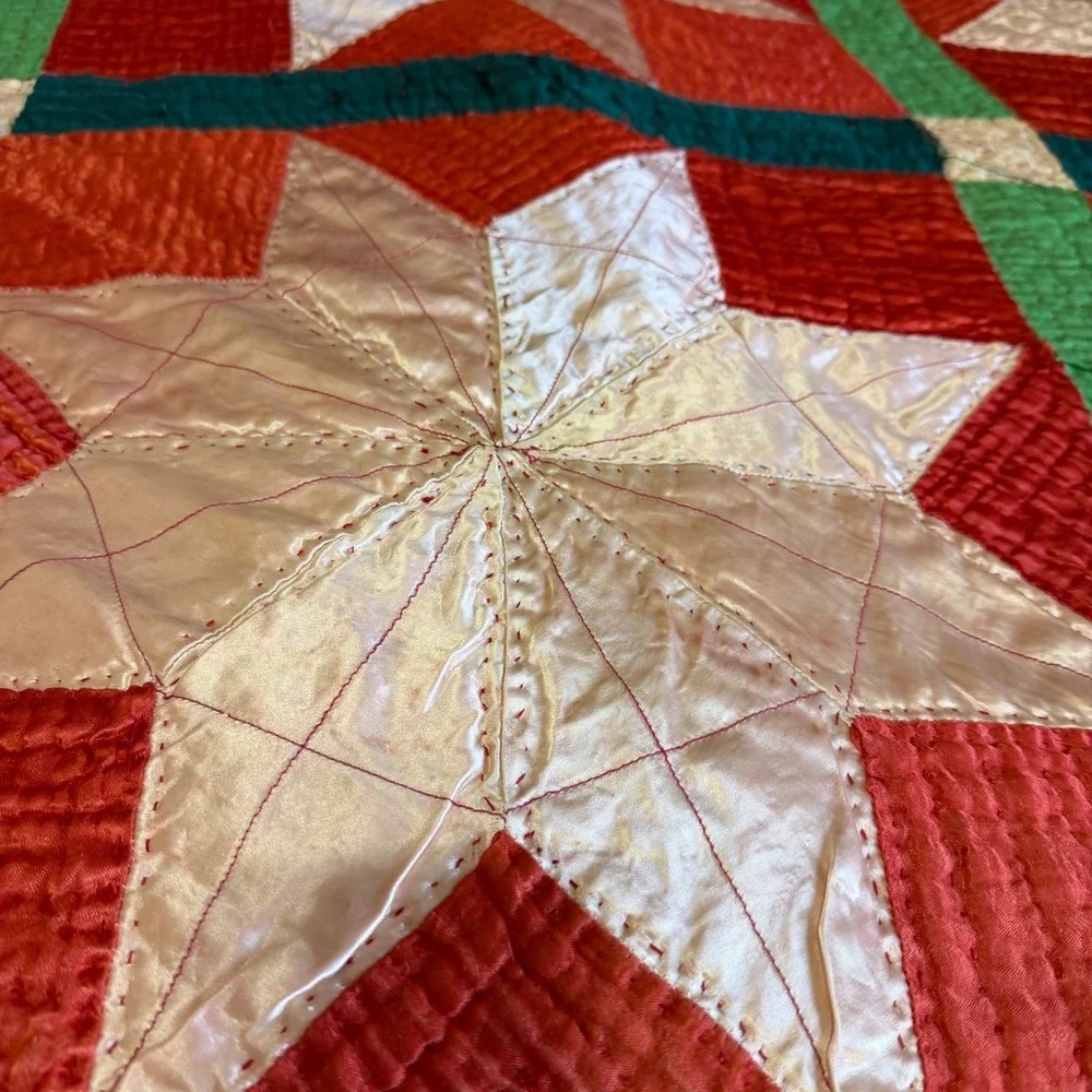 VTG Handmade Satin Patchwork Quilt Red Geometric Star 83x68 for REPAIR/REPURPOSE